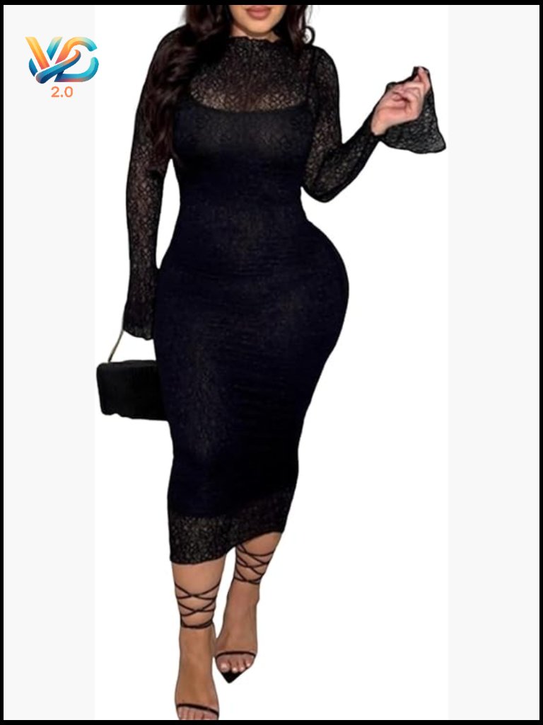 2 Piece Lace Dress Set Bodycon Sheer Midi Dress Club Night Out